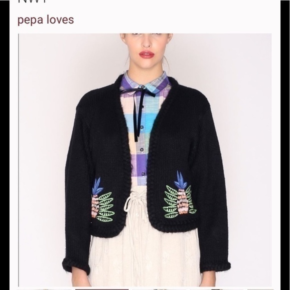 Anthropologie Pepa Loves Pineapple Cardigan Black Embroidered Size S